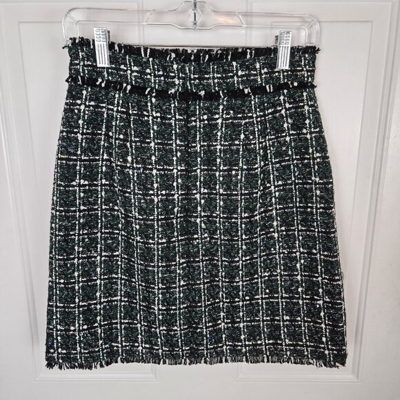 Ann Taylor Tweed Skirt Size 0 Petite Green Black Pencil Career Holiday Sequins - Picture 2 of 11